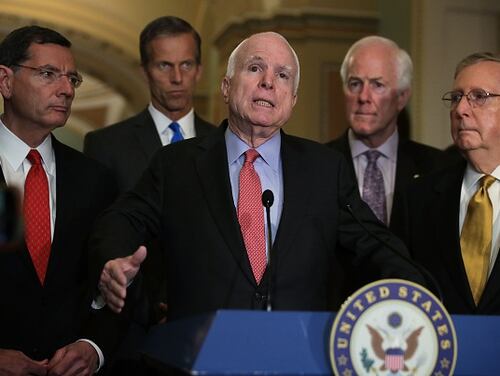 (Left to Right) U.S. Sen. John Barrasso, R-Wyo., Sen. John Thune, R-S.D., Sen. John McCain, R-Ariz., Senate Majority Whip Sen. John Cornyn, R-Texas, and Senate Majority Leader Sen. Mitch McConnell, R-Ky., participate in a news briefing May 24, 2016 on Capitol Hill in Washington, D.C. (Alex Wong/Getty Images)