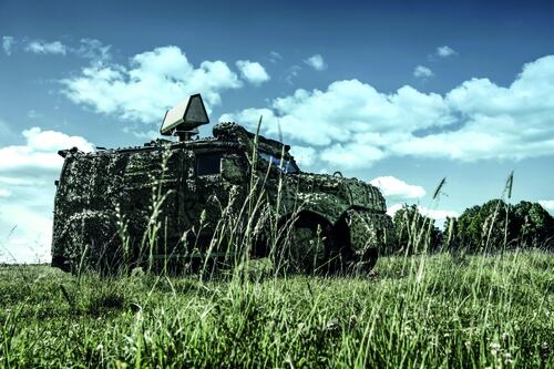 Saab brought its ground-based air defense solution to DSEI, a defense conference in London. The configuration includes a Giraffe ELSS radar and an RBS 70 NG missile launcher system. (Saab)