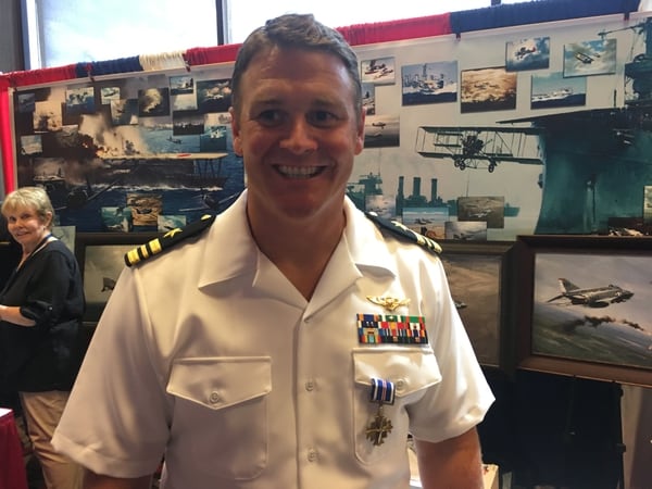 Navy Lt. Cmdr. Michael Tremel received the Distinguished Flying Cross last week for shooting down a Syrian jet last summer, saving the lives of rebels and U.S. personnel on the ground. (Navy Times/Geoff Ziezulewicz)