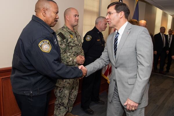 Secretary of Defense Mark Esper meets with personnel during a Jan. 22 visit at Naval Air Station Pensacola in Florida. (DoD)