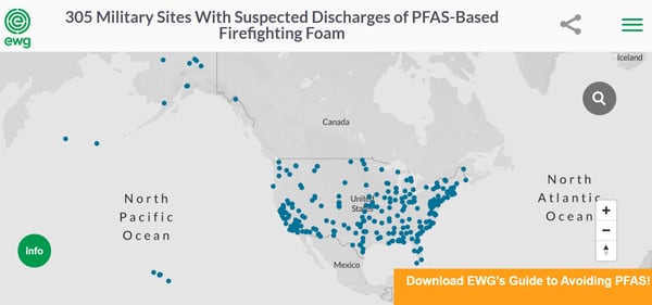 An interactive Environmental Working Group map lays out PFAS contamination across 305 military sites. (EWG)