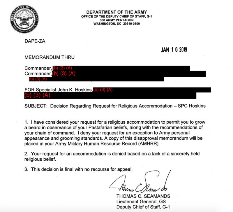 The Army's official response to Spc. Hoskins' request to grow a beard in observance of his believe in the Church of the Flying Spaghetti Monster. (Army)