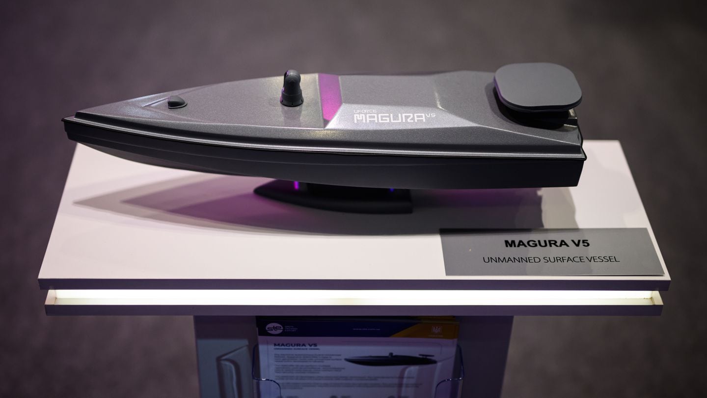 A model of a Magura V5 unmanned surface vessel by Ukrainian company STE is seen Sept. 12, 2023, at the DSEI fair in London, England. (Leon Neal/Getty Images)