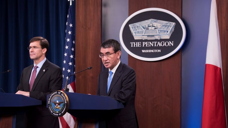 Defense Secretary Mark Esper and Japanese Defense Minister Tarō Konō hold a bilateral press briefing at the Pentagon, Washington, D.C., Jan. 14, 2020. (DoD photo by Navy Petty Officer 2nd Class James K. Lee)