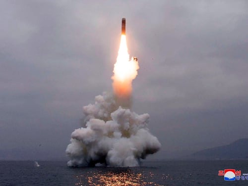 In this Oct. 2, 2019, photo, an underwater-launched missile lifts off in the waters off North Korea's eastern coastal town of Wonsan, North Korea. Korean Central News Agency/Korea News Service via AP)