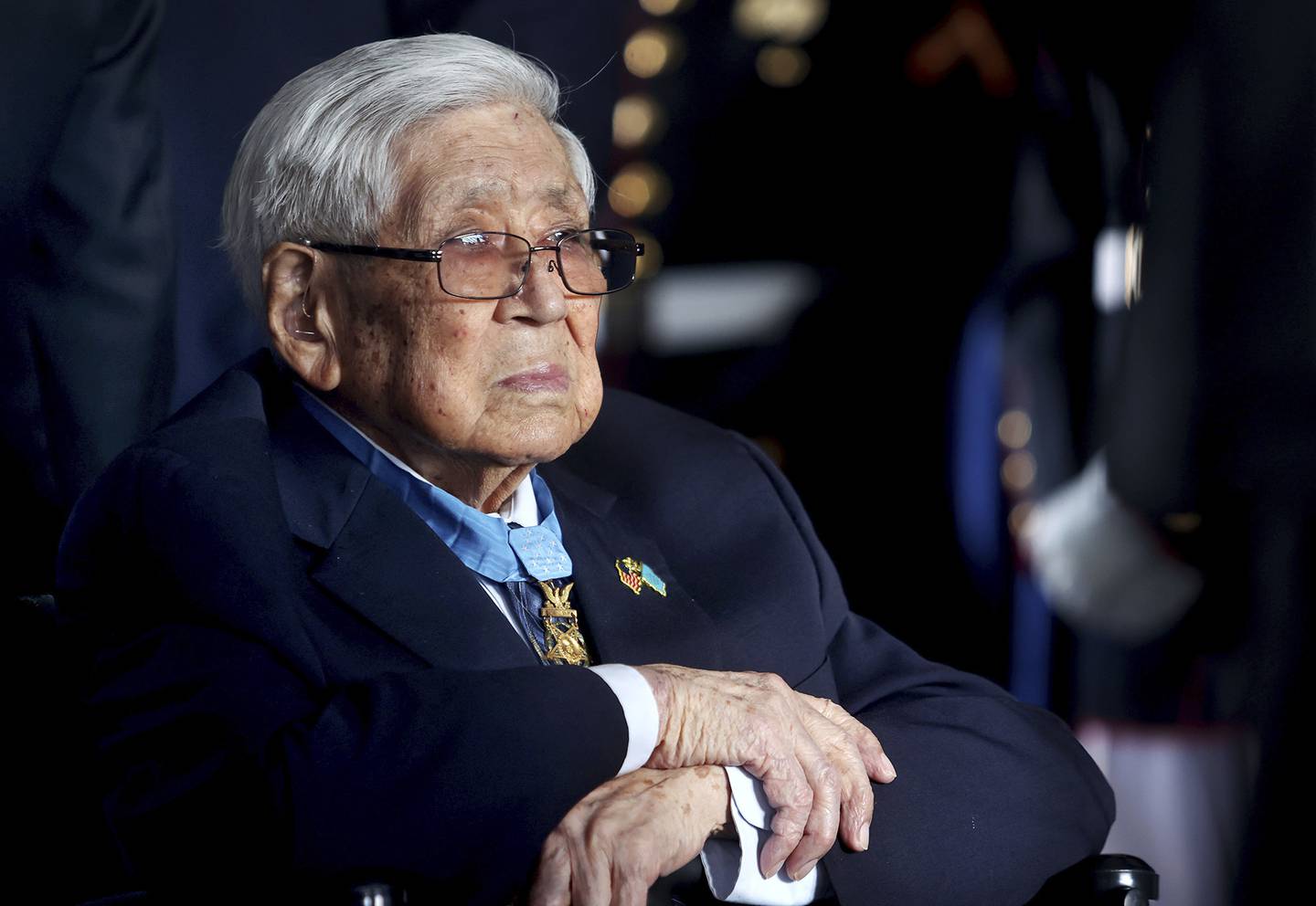 Medal of Honor recipient Hiroshi Miyamura, a corporal in the U.S. Army during the Korean War, attends the groundbreaking ceremony for the National Medal of Honor Museum on March 25, 2022, in Arlington, Texas.