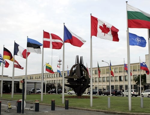 NATO member country flags are seen outside NATO headquarters in Brussels. (Virginia Mayo/AP)