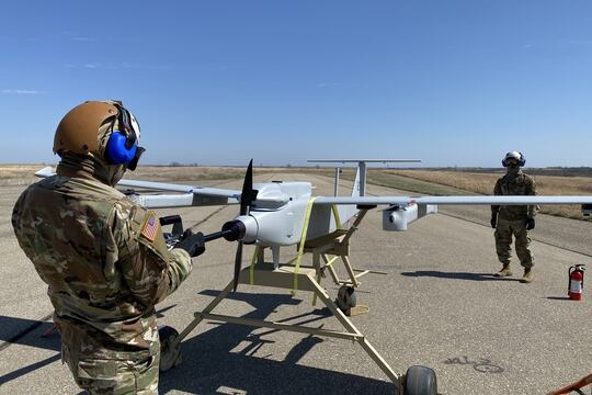 Spc. Christopher McCoy, assigned to 1st Engineer Battalion, 1st Infantry Division, conducts an engine start on the JUMP 20 prior to a launch during a capabilities assessment at Fort Riley, Kansas, on April 8, 2020. (Program Executive Office Aviation)
