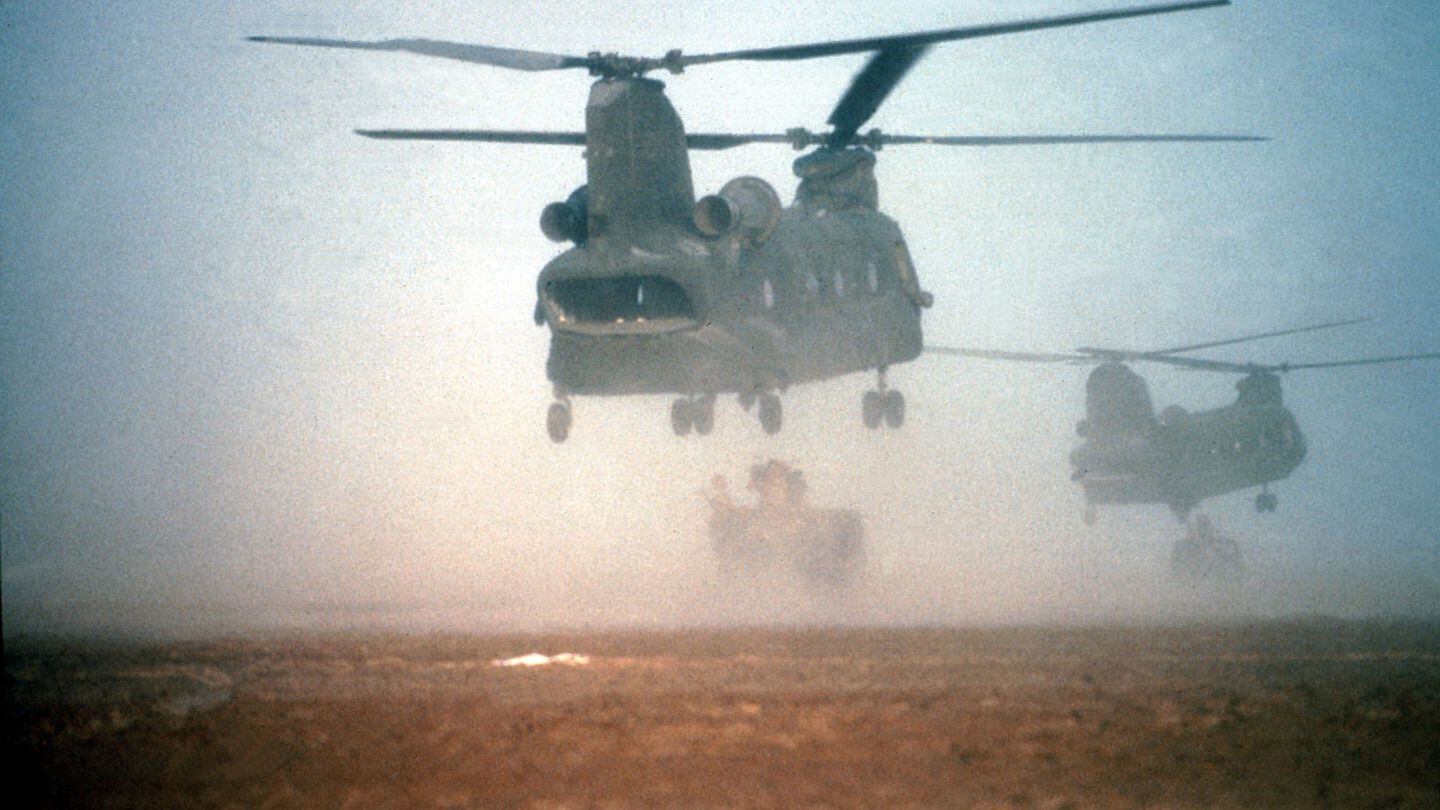 CH-47 Chinook helicopters similar to those flown by U.S. Army Captain Victoria Calhoun during Operations Desert Storm and Desert Shield. (National Archives and Records Administration)