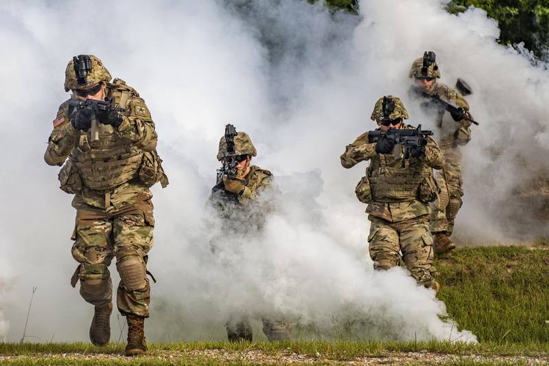 Soldiers maneuver as an Infantry Rifle Squad Aug. 21, 2020, on Sand Hill at Fort Benning, Ga.