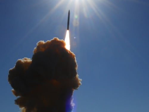 A ground-based interceptor is launched from Vandenberg Air Force Base, Calif., toward a ballistic missile target launched from Alaska during a test Dec. 5, 2008. (Courtesy of the U.S. Missile Defense Agency)