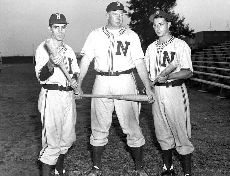 Norfolk Naval Training Station Bluejackets included, from left, Ernest "Hooks" DeVaurs, Jim Carlin and Dom DiMaggio. (Courtesy of Sargeant Memorial Collection, Norfolk Public Library)