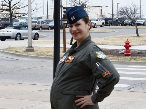 Expectant mother and Air Force Capt. Beatrice Horne helps the Air Force test out a new flight suit prototype that will accommodate pregnancy. (DoD)