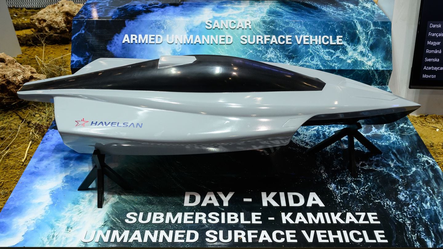 A Havelsan DAY KIDA submersible unmanned surface vehicle, meant to explode upon impact with a target, is seen at the DSEI fair on Sept. 12, 2023 (Leon Neal/Getty Images)