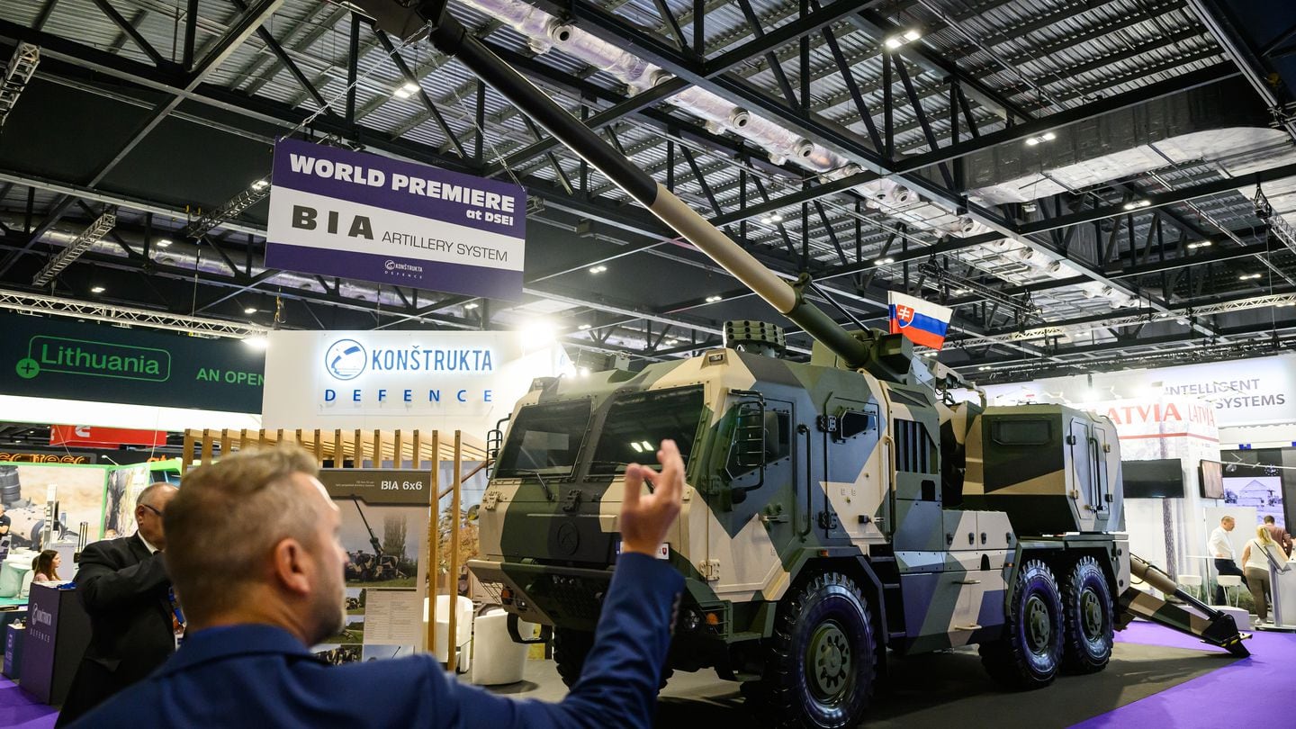 The BIA six-wheel drive, 155mm, 52-caliber, self-propelled artillery system is on display at DSEI in London, England, on Sept. 12, 2023. (Leon Neal/Getty Images)