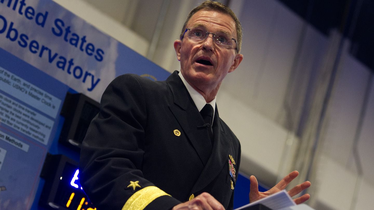 Rear Adm. Ron Piret, the Naval Meteorology and Oceanography Command boss, speaks at the Information Warfare Pavilion at the Sea-Air-Space defense conference in April 2024. (Colin Demarest/C4ISRNET)