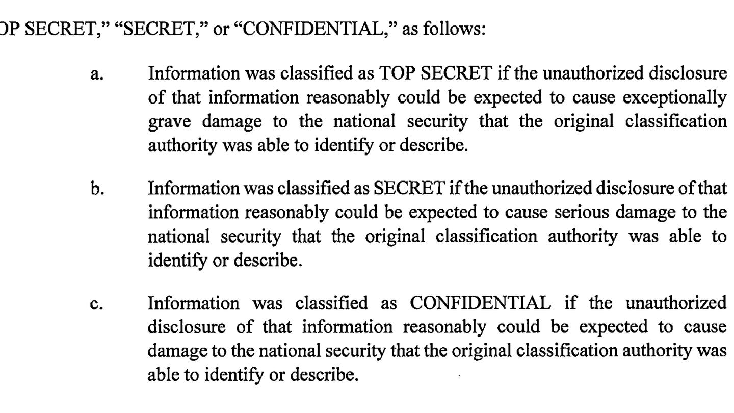 Definitions for top secret, secret and confidential classifications are seen here, part of the 49-page indictment against former President Donald Trump. (Screenshot/Southern District of Florida)