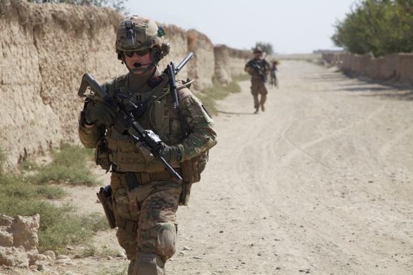 U.S. Army Soldier Capt. Eric Leatherman from the 454th Engineer Company Route Clearance goes on a patrol in Sayghani, Parwan province, Afghanistan, Sept. 27, 2014. The reason for the patrol was to gather intel on the indirect fire attacks happening at Bagram Air Field. (U.S. Army photo by Staff Sgt. Daniel Luksan/ Released)