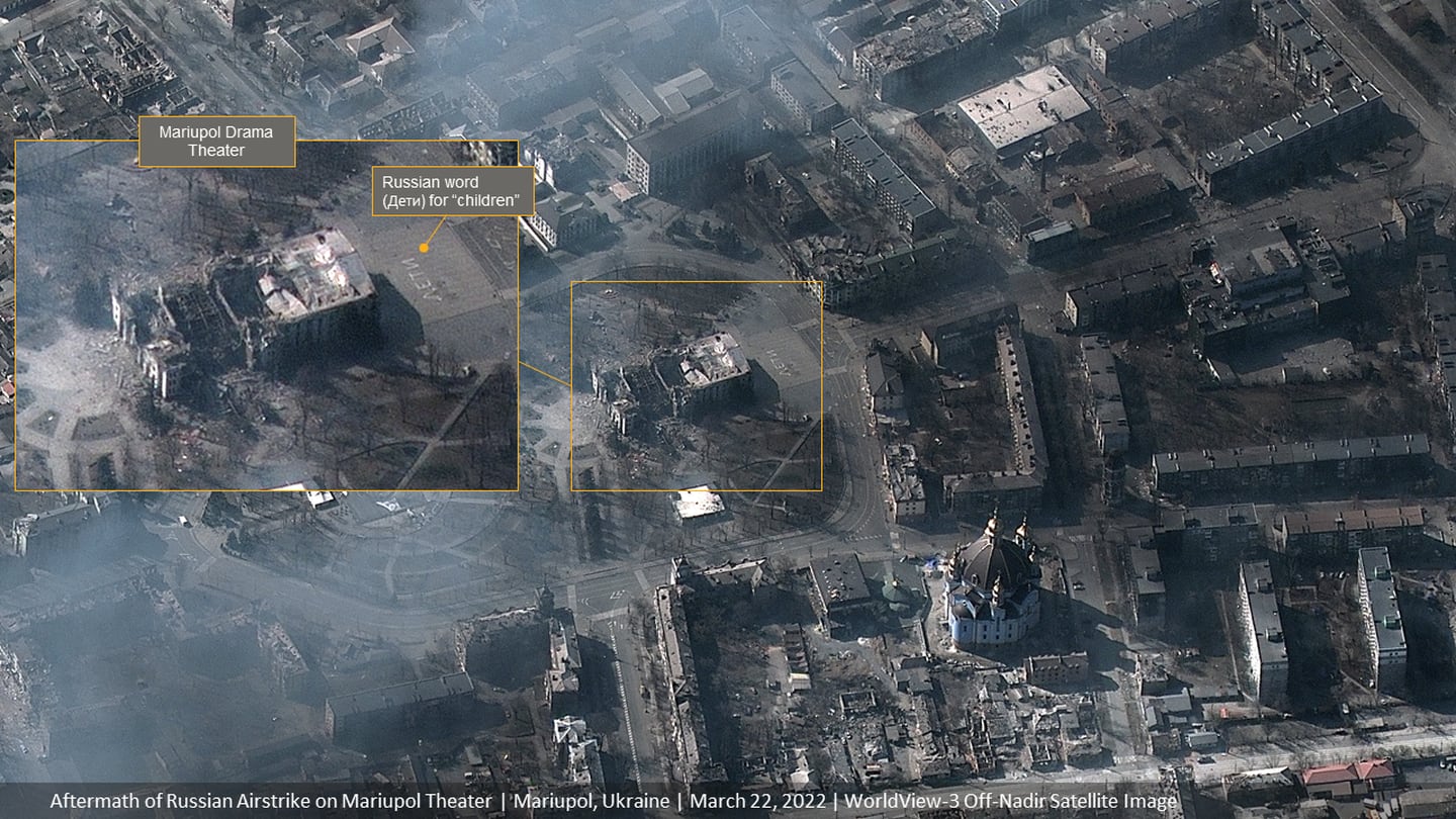 Satellite image shows the aftermath of a Russian airstrike on Mariupol Theater in Mariupol, Ukraine, March 22, 2022.