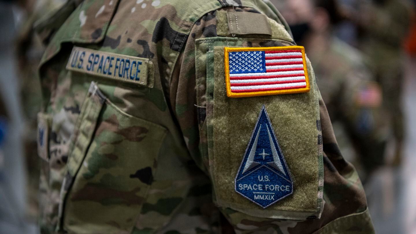 U.S. airmen assigned to Travis Air Force Base, Calif., transition into the U.S. Space Force during a ceremony at the 621st Contingency Response Wing on Feb. 12, 2021. (Nicholas Pilch/U.S. Air Force)