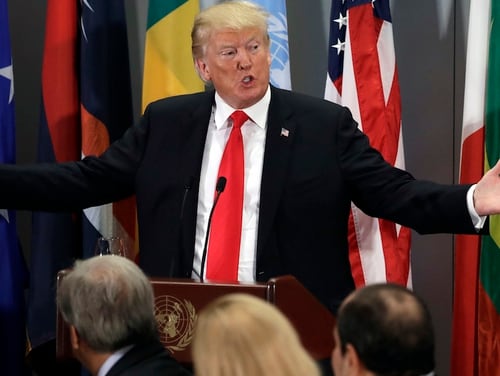 President Donald Trump speaks to the United Nations General Assembly, Tuesday, Sept. 25, 2018, at U.N. Headquarters. In comments on the sidelines of the event, Trump said a military coup could quickly depose the leader of Venezuela, which he said is a 