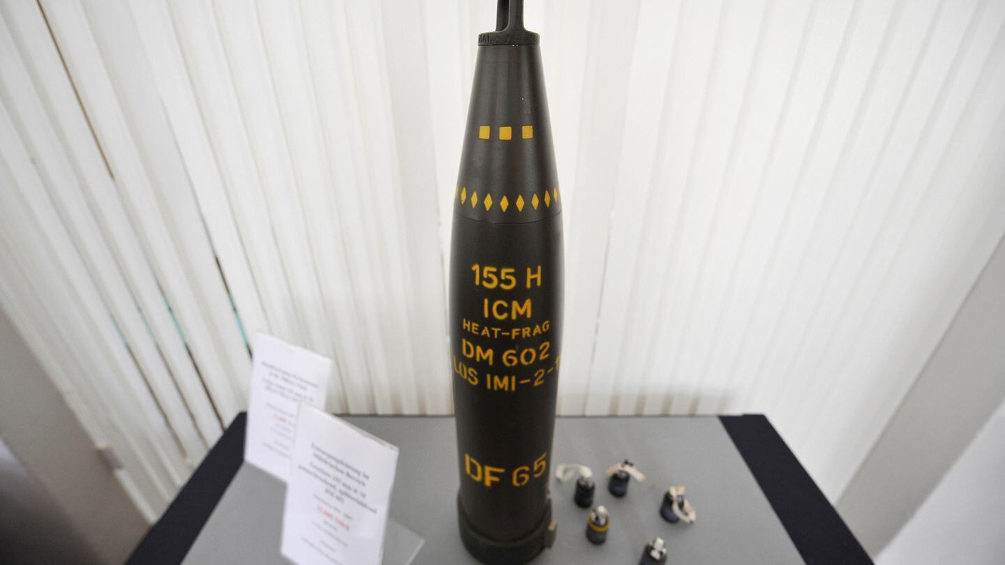 A cluster bomb (including its bomblets) is on display at the Spreewerk ISL Integrated Solutions weapons decommissioning facility near Luebben June 23, 2009. A two-day conference on the destruction of cluster munitions stockpiles begins in Berlin June 25, 2009. AFP PHOTO JOHN MACDOUGALL (Photo credit should read JOHN MACDOUGALL/AFP via Getty Images)