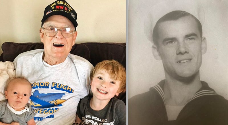 Kelly with his great grandchildren, and as a sailor during WWII. (Photo courtesy of Rose Etherington)