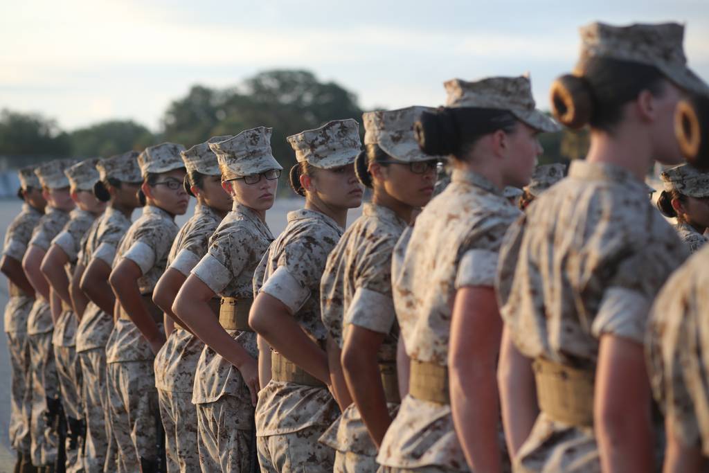 Marine Corps recruits stand in formation during a final drill evaluation at Peatross parade deck on Marine Corps Recruit Depot, Parris Island, S.C., July 19, 2017.