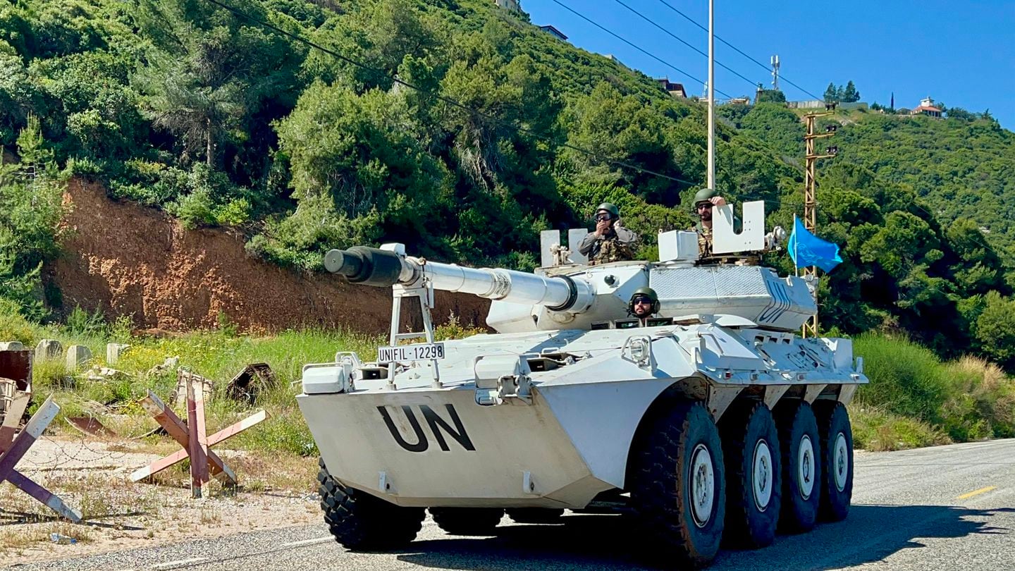 An armored vehicle with the U.N. interim force in Lebanon patrols a coastal road in the country's south on April 17, 2024, amid cross-border tension as fighting continues between Israel and Palestine-based Hamas militants. (AFP via Getty Images)