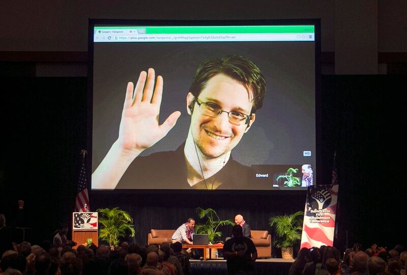 On Feb. 14, 2015, Edward Snowden appeared on a live video feed broadcast from Moscow at an event sponsored by ACLU Hawaii in Honolulu. The former National Security Agency worker leaked classified documents about government surveillance. (Marco Garcia/AP)