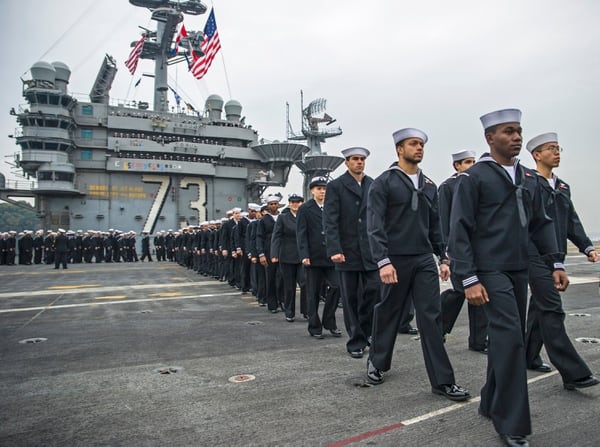 141125-N-IP531-051 YOKOSUKA, Japan (Nov. 25, 2014) Sailors prepare to man the rails on the flight deck of the Nimitz-class aircraft carrier USS George Washington (CVN 73) as the ship returns to Fleet Activities Yokosuka, Japan. George Washington and its embarked air wing, Carrier Air Wing (CVW) 5, provide a combat-ready force that protects and defends the collective maritime interests of the U.S. and its allies and partners in the Indo-Asia-Pacific region. (U.S. Navy photo by Mass Communication Specialist 3rd Class Chris Cavagnaro/Released) 