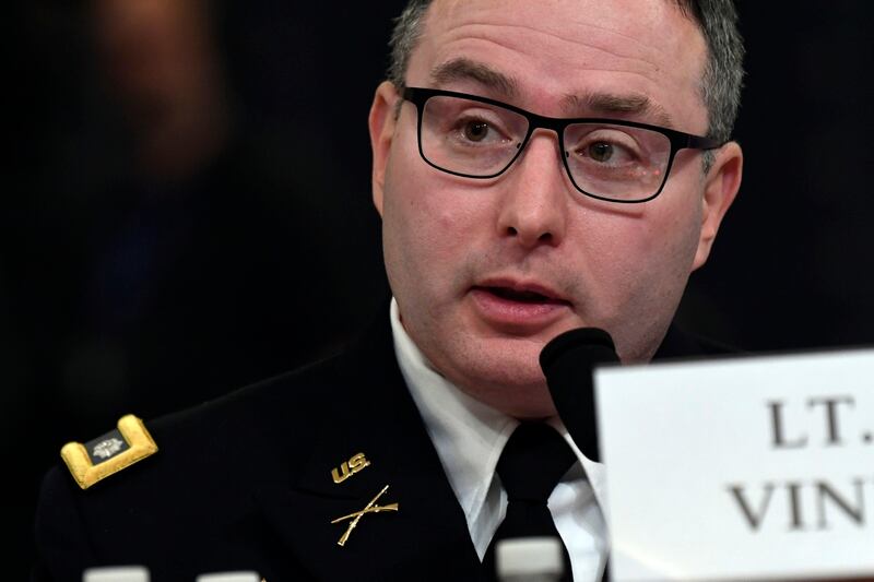 National Security Council aide Lt. Col. Alexander Vindman testifies before the House Intelligence Committee on Capitol Hill in Washington, Tuesday, Nov. 19, 2019, during a public impeachment hearing of President Donald Trump's efforts to tie U.S. aid for Ukraine to investigations of his political opponents. (Susan Walsh/AP)