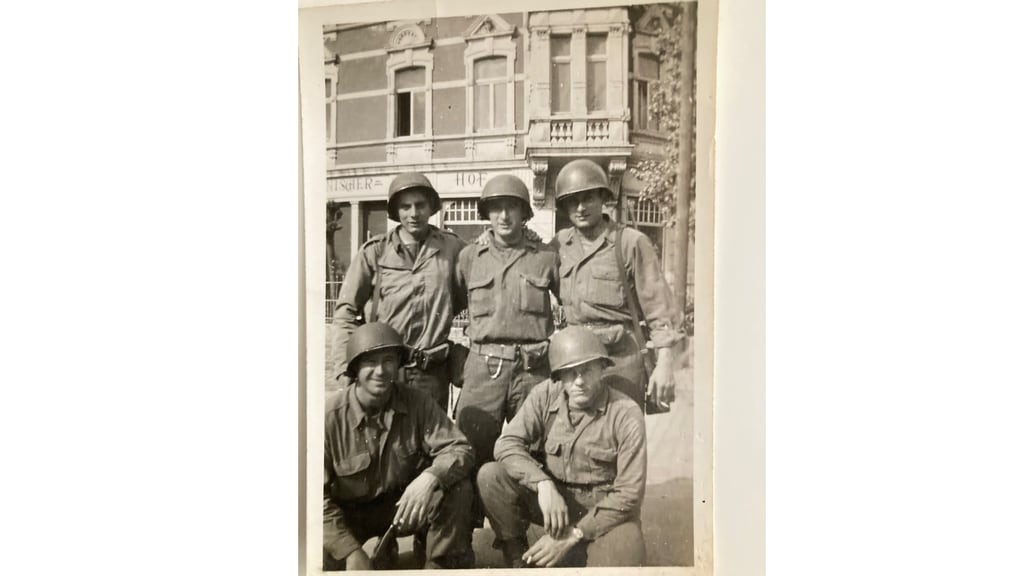 Joe Thornhill, on the right in the back row, and other members of his forward observer team near the Ruhr pocket in 1945. (Courtesy Paula G. Thornhill)