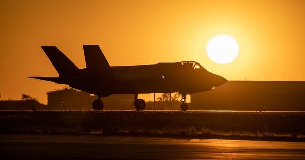 An F-35A Lightning II taxis during sunset for night flying operations at Hill Air Force Base, Utah. (R. Nial Bradshaw/U.S. Air Force)