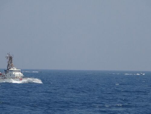 Two Iranian Islamic Revolutionary Guard Corps Navy fast in-shore attack craft, a type of speedboat armed with machine guns, conducted unsafe and unprofessional maneuvers while operating in close proximity to USCGC Maui (WPB 1304) as it transits the Strait of Hormuz with other U.S. naval vessels, May 10, 2021. (U.S. Navy)