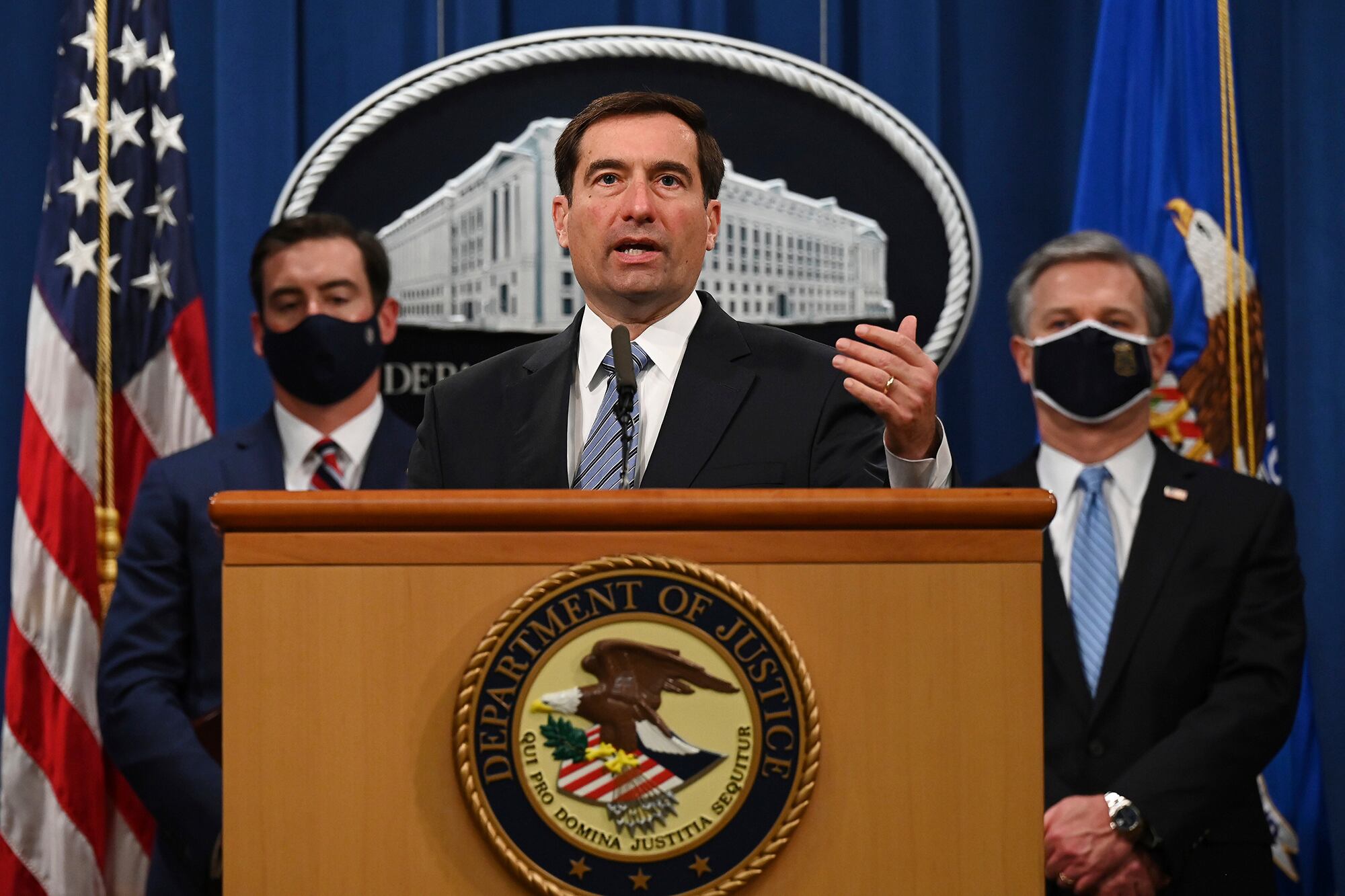 Assistant Attorney General of the National Security Division John Demers speaks during a press conference at the Department of Justice, Wednesday, Oct. 7, 2020, in Washington.