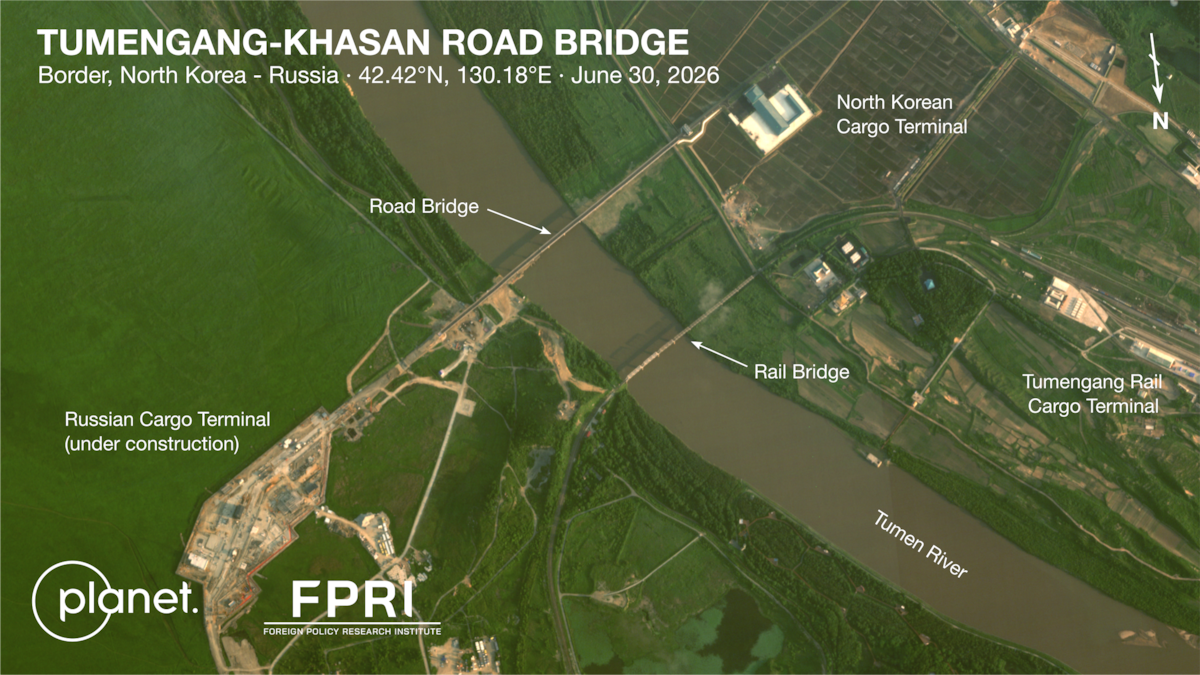 Satellite imagery of the Tumen River bridge construction linking North Korea and Russia at Tumangang
