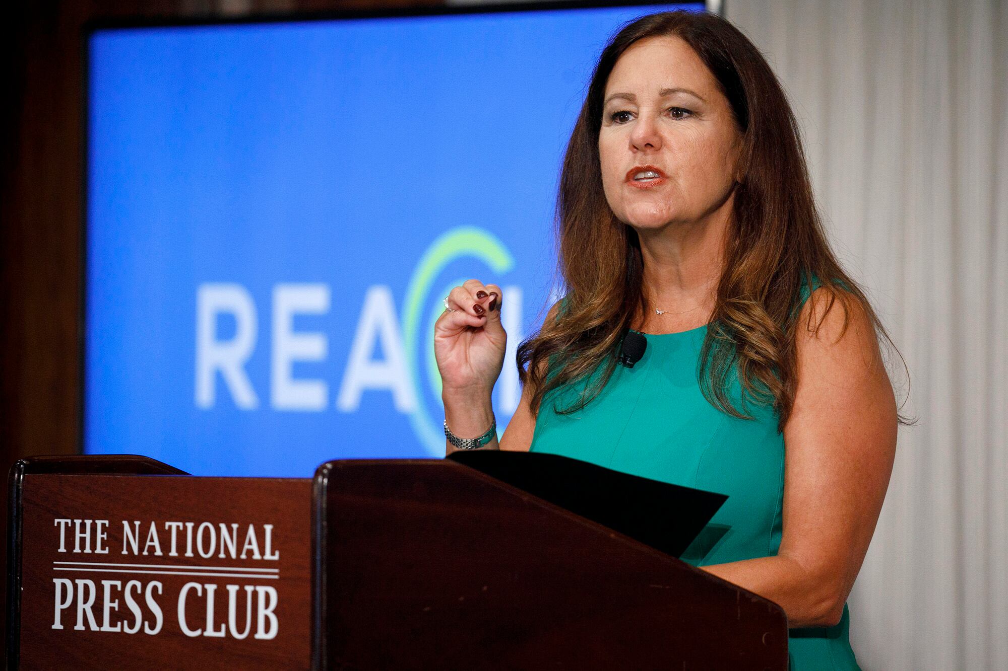 Second lady Karen Pence speaks at the National Press Club about a campaign to raise awareness on the risks of veterans suicide on July 7, 2020, in Washington.
