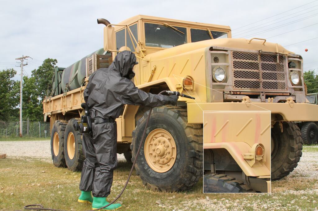 This newly fielded Army chemical spray turns bright red if nerve agent ...