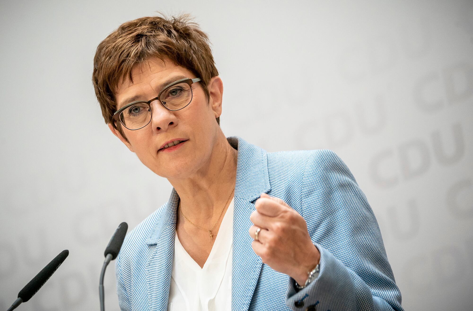 Annegret Kramp-Karrenbauer, Christian Democratic Union, CDU, party chairwoman and German minister of defense, speaks at a news conference following a CDU leaders meeting at the headquarters in Berlin