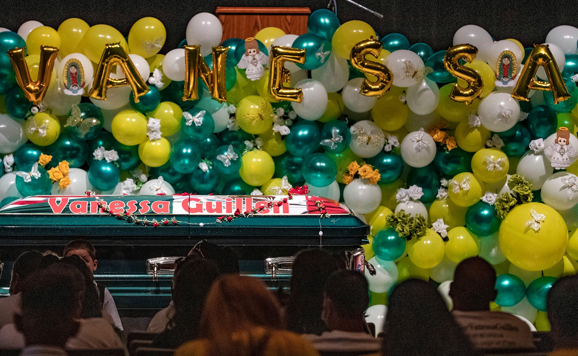 The casket of Army Spc. Vanessa Guillen is viewed at a public memorial service on Friday, Aug. 14, 2020, in Houston.