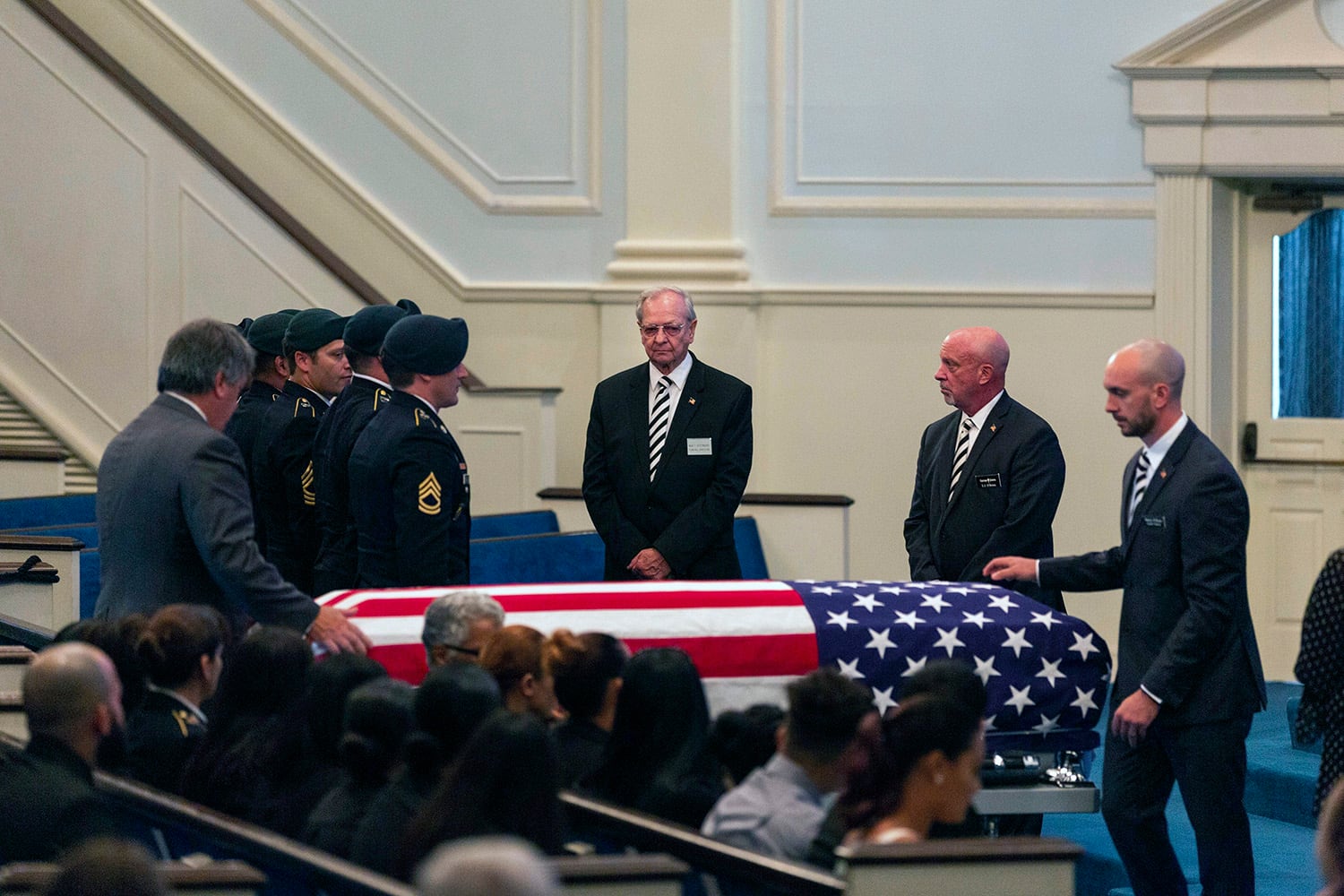 Funeral services for U.S. Army Green Beret Master Sgt. Luis DeLeon-Figueroa, who was killed in action in Afghanistan on Aug. 21, are held at Bethany Assembly of God Church in Agawam, Mass. Tuesday, Sept. 3, 2019.