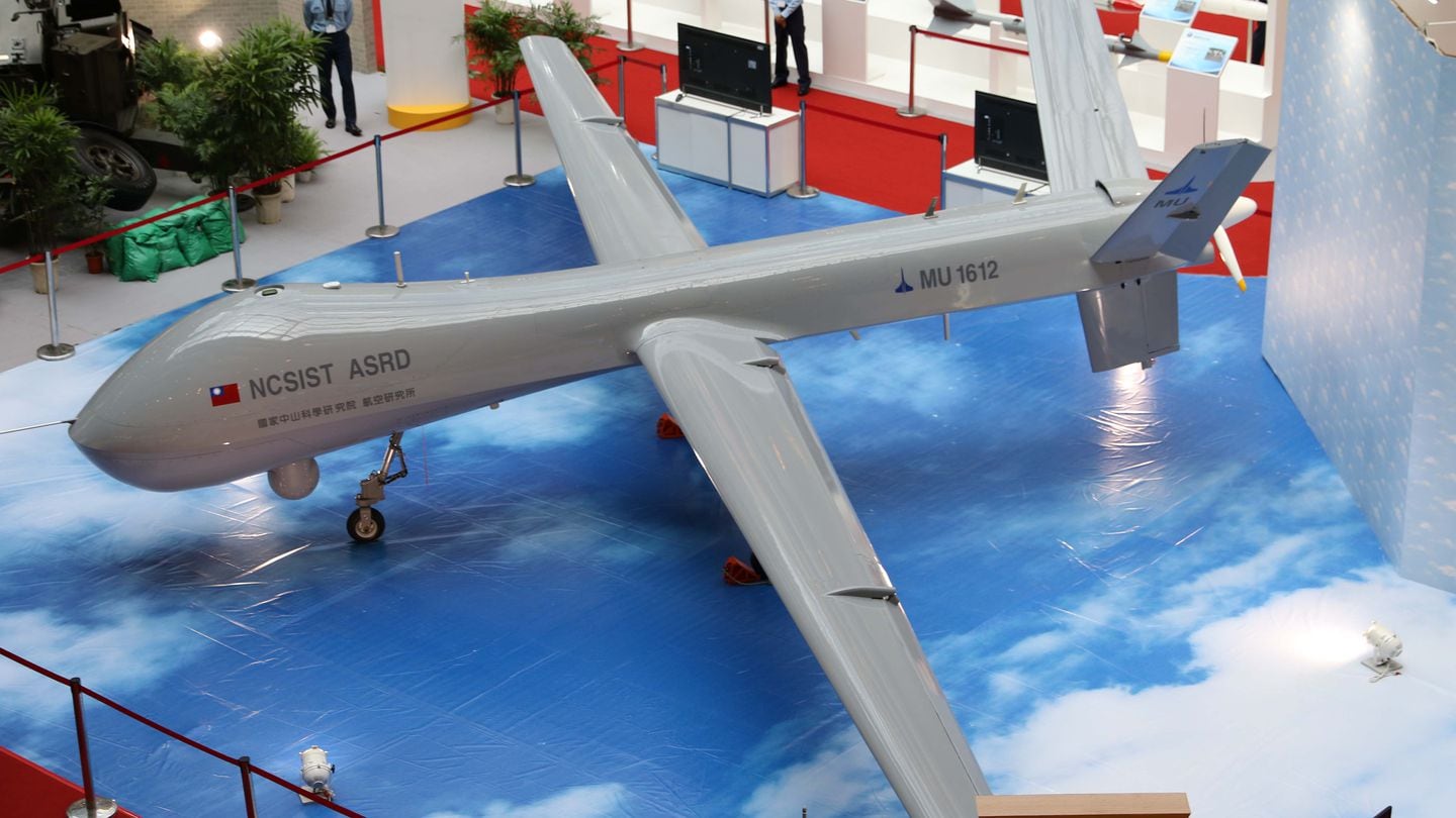 A prototype of Taiwan's Teng Yun drone, under development by the National Chung-Shan Institute of Science and Technology, was unveiled at a 2015 exhibition in Taipei. (Gordon Arthur/Staff)