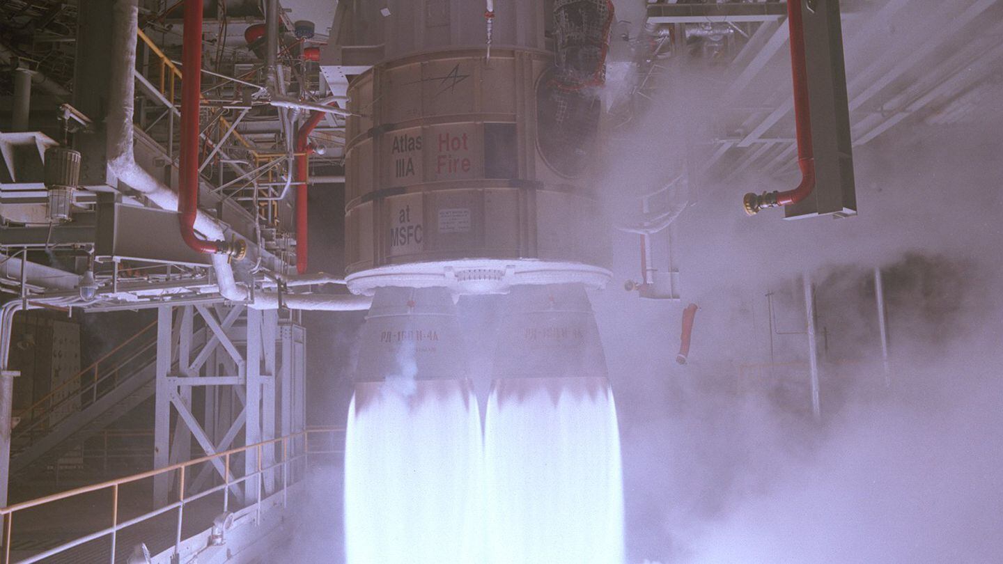 NASA engineers test a Russian-built RD-180 rocket engine on Nov. 4, 1998, at the Marshall Space Flight Center's Advanced Engine Test Facility (NASA via U.S. Defense Department)