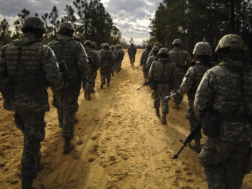 Army recruits practice patrol tactics while marching during basic training at Fort Jackson, S.C. (Staff Sgt. Shawn Weismiller/Air Force)