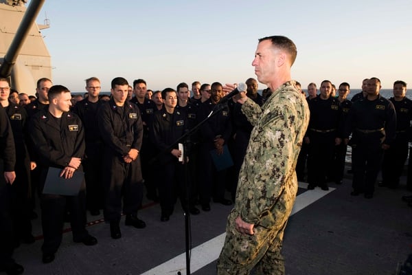 Chief of Naval Operations Adm. John Richardson speaks with sailors during a visit aboard the cruiser Bunker Hill, deployed to the Arabian Gulf. (Navy photo by MC3 Rachael Treon)