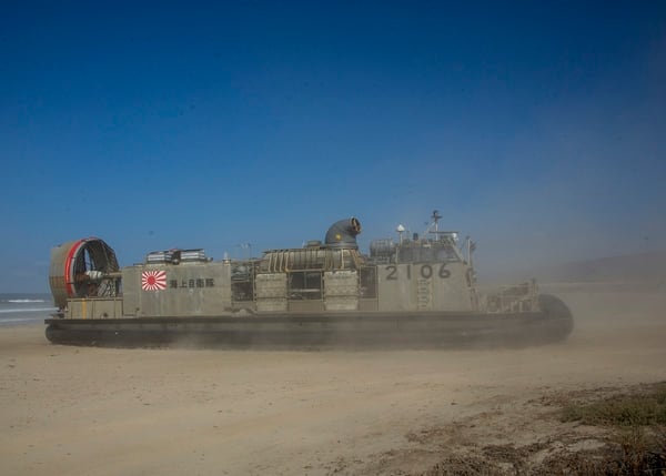 A landing craft air cushion with the Japanese Maritime Self-Defense Force lands at Marine Corps Base Camp Pendleton, Calif., on Sept. 5, 2015, during Exercise Dawn Blitz 2015. (Sgt. Luis A. Vega/U.S. Marine Corps)
