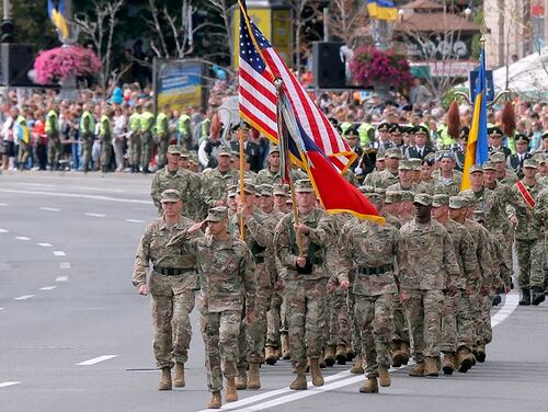 US soldiers march along main Khreshchatyk Street during during a military parade to celebrate Independence Day in Kiev, Ukraine, Thursday, Aug. 24, 2017. (Efrem Lukatsky/AP)
