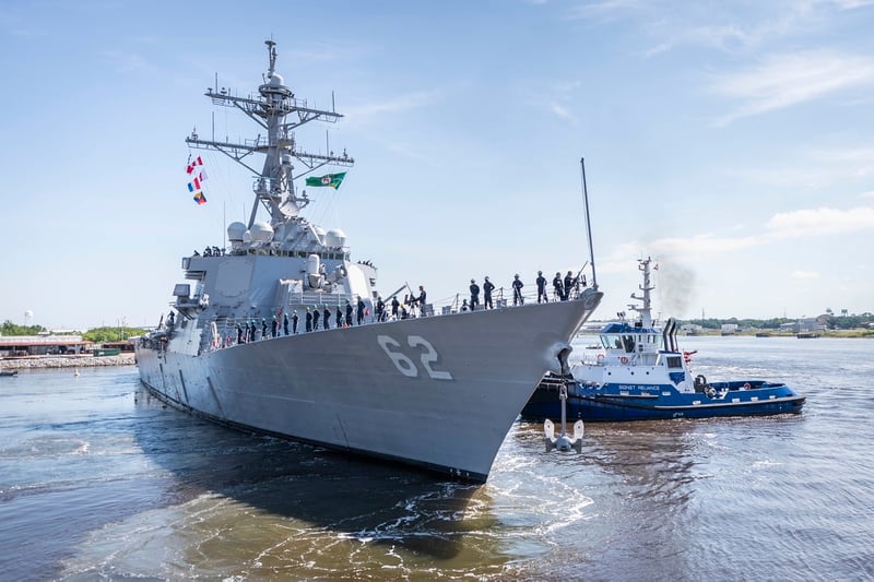 The repaired and modernized U.S. warship Fitzgerald departed a Huntington Ingalls Industries shipyard on June 13, 2020, on its way to its new home port of San Diego, Calif. (U.S. Navy)