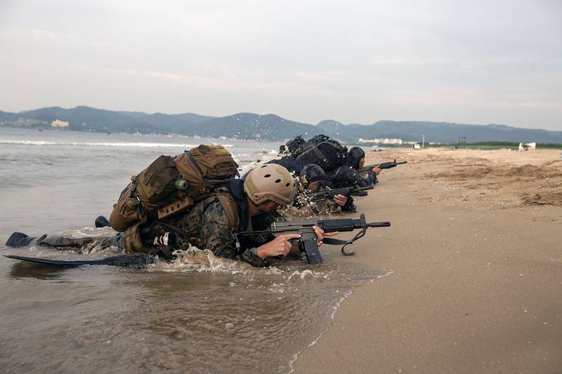 U.S. Marines and marines of the Republic of Korea practice beach insertion on July 16, 2019, during the Korean Marine Exchange Program in South Korea.